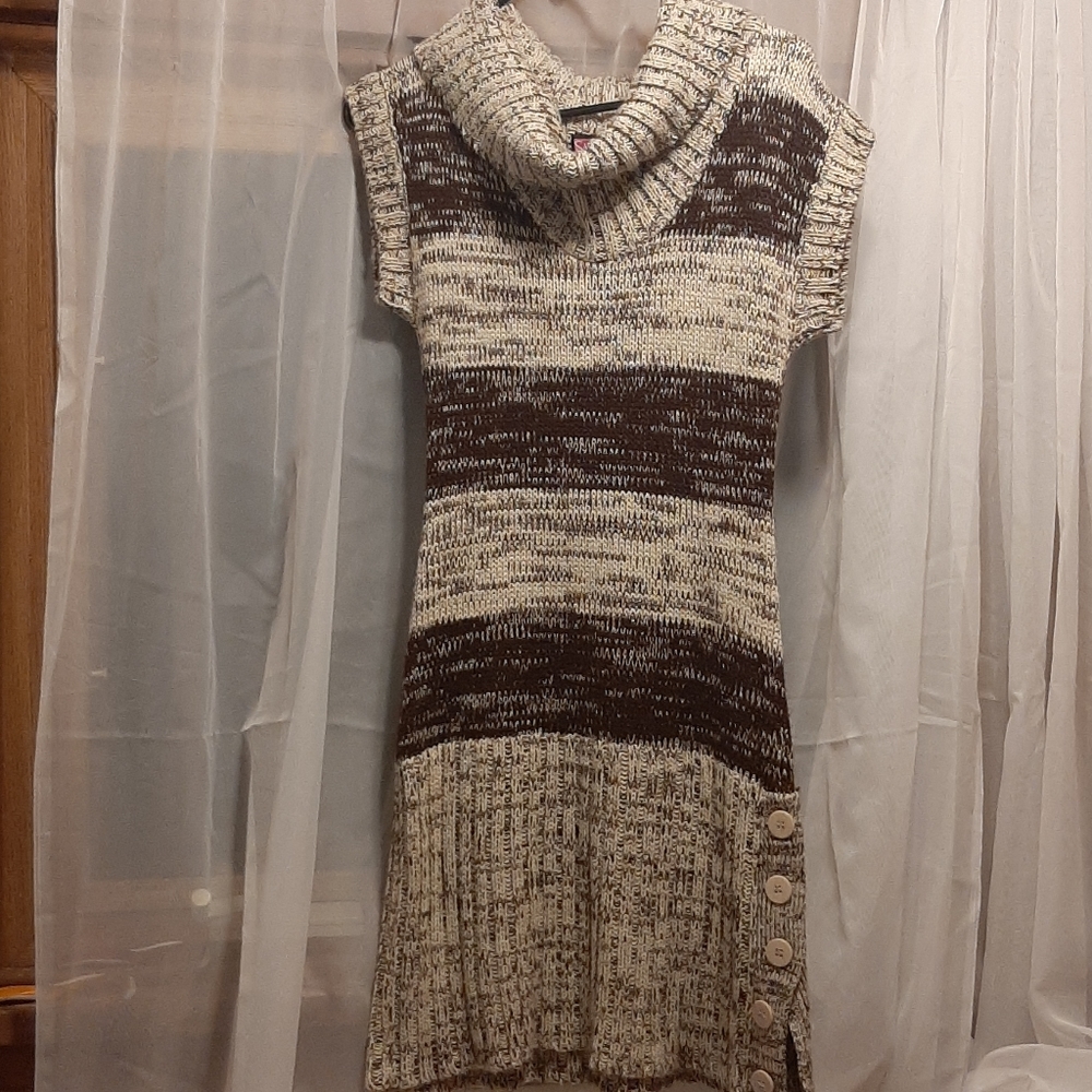 Tan & Brown Cowl Neck Striped Cozy Skandi Girl Sweater Dress Button Accent